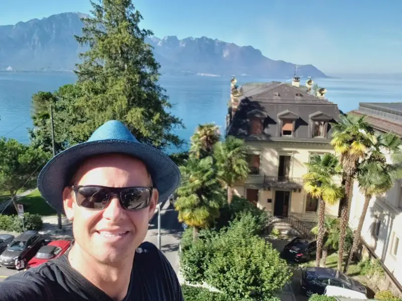 By the lake, with the Alps behind me.